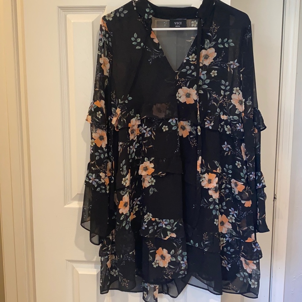 Black floral dress, long sleeve. Great condition.